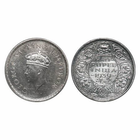 George VI, Silver, Half Rupee, 1939, Bombay Mint, A/I, Dot, Head Type I, Milled edge. F. P