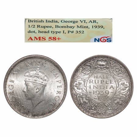 George VI, Silver, Half Rupee, 1939, Bombay Mint, A/I, Dot, Head Type I, Milled edge. F. P