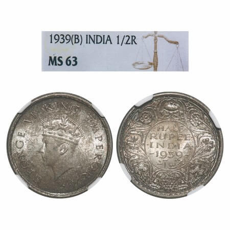 George VI, Silver, Half Rupee, 1939, Bombay Mint, A/I, Dot, Head Type I, Milled edge. F. P