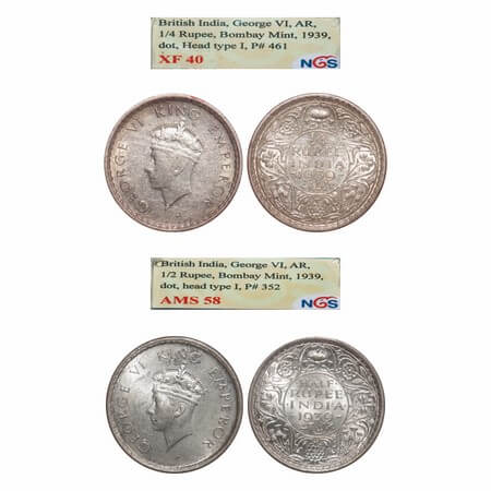 George VI, Silver, (2 slabs), 1939, Bombay Mint, 1) Half Rupee, A/I, Dot, Head Type I, Mil