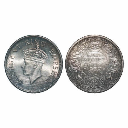 George VI, Silver, Half Rupee, 1939, Bombay Mint, A(a)/I, Dot, Head Type II, Milled edge. 