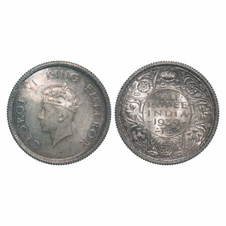 George VI, Silver, Half Rupee, 1939, Calcutta Mint, A/I, No dot, Head Type I, Milled edge.