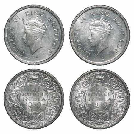 George VI, Silver, Half Rupee, 1939, (2 coins), Calcutta Mint, A/I, No dot, Head Type I, M