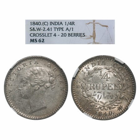 Victoria Queen, Silver, 1/4 Rupee, 1840, CL, Calcutta Mint, A(b)/I, Mule, Curl of Two hair