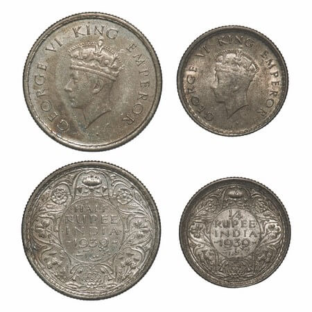 George VI, Silver, (2 coins), 1939, 1) Half Rupee, Calcutta Mint, A/I, No dot, Head Type I