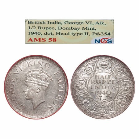 George VI, Half Silver, Half Rupee, 1940, Bombay Mint, A(a)/I, Dot, Head Type II, Milled e