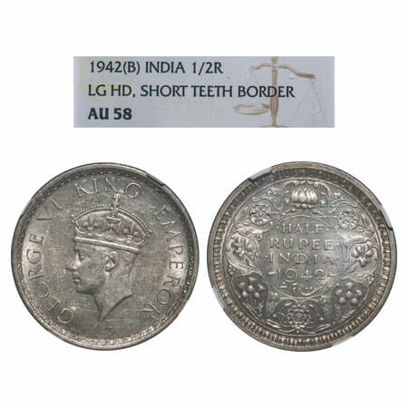George VI, Half Silver, Half Rupee, 1942, Bombay Mint, A(a)/II, Dot, head Type II, Securit