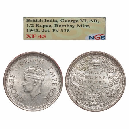 George VI, Half Silver, Half Rupee, 1943, Bombay Mint, B/II, Dot, Head Type II, Security e