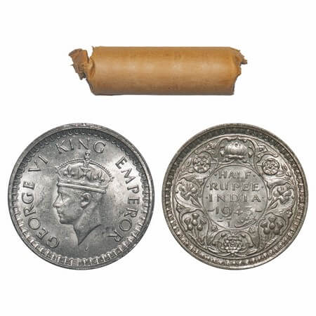 George VI, Half Silver, Half Rupee, (Roll of 24 coins), 1943, Bombay Mint, Dot, B/II, Head
