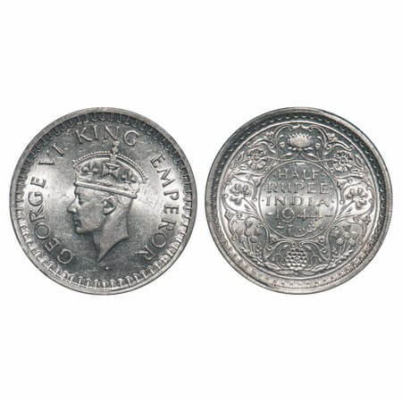 George VI, Half Silver, Half Rupee, 1944, Bombay Mint, B/III, Diamond, Head Type II, Secur