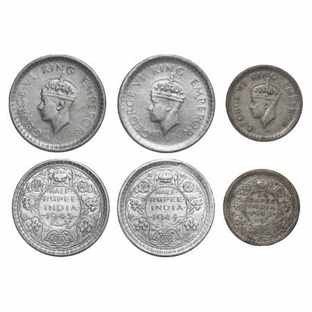 George VI, Half Silver, (3 coins), Lahore Mint, 1) Half Rupee, 1944, B/II, Head Type II, '