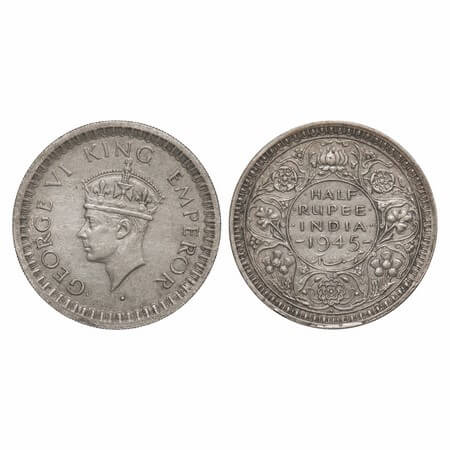 George VI, Half Silver, Half Rupee, 1945, Bombay Mint, B/II, Head Type II, Dot, Security e