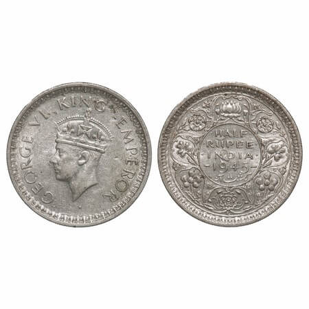 George VI, Half Silver, Half Rupee, 1945, Lahore Mint, B/II, Head Type II, 'L' raised, Sec