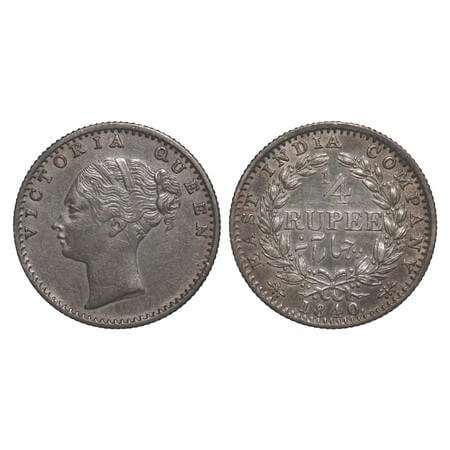 Victoria Queen, Silver, 1/4 Rupee, 1840, CL, Calcutta Mint, C/II, Indian Head, Curl of 2 h