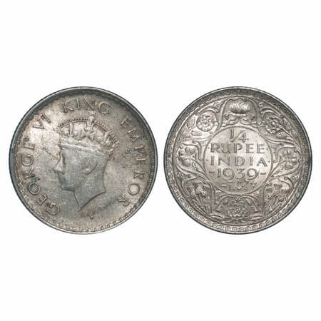 George VI, Silver, 1/4 Rupee, 1939, Bombay Mint, No dot, Head Type I, Rev I. F. Prid Unlis