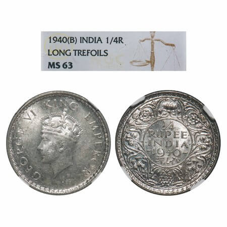 George VI, Half Silver, 1/4 Rupee, 1940, Bombay Mint, Dot, Head Type I, Rev I, Milled edge