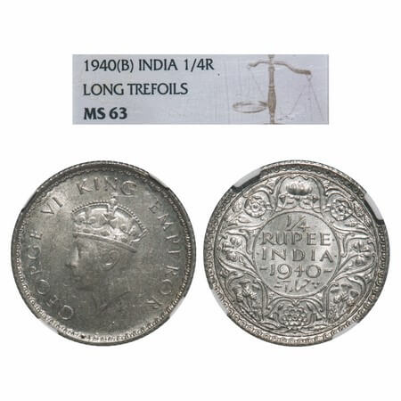 George VI, Half Silver, 1/4 Rupee, 1940, Bombay Mint, Dot, Head Type I, Rev I, Milled edge