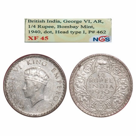 George VI, Half Silver, 1/4 Rupee, 1940, Bombay Mint, Dot, Head Type I, Rev I, Milled edge