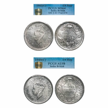 George VI, Half Silver, 1/4 Rupee, (2 slabs), 1) 1940, Bombay Mint, Dot, Milled edge, Head