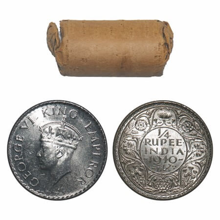 George VI, Half Silver, 1/4 Rupee, (Roll of 24 coins), 1940, Calcutta Mint, No dot, Head T
