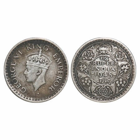 George VI, Half Silver, 1/4 Rupee, 1945, Bombay Mint, Dot, Head Type II, Rev II, Security 
