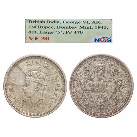 George VI, Half Silver, 1/4 Rupee, 1945, Bombay Mint, Dot, Head Type II, Rev II, Security 