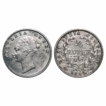 Victoria Queen, Silver, 1/4 Rupee, 1840, CL, Calcutta Mint, C/II, Indian Head, Wreath with