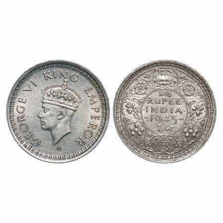 George VI, Half Silver, 1/4 Rupee, 1945, Bombay Mint, Head Type II, Dot, Rev II, Security 