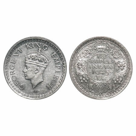George VI, Half Silver, 1/4 Rupee, 1945, Bombay Mint, Head Type II, Dot, Rev II, Security 