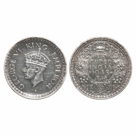 George VI, Half Silver, 1/4 Rupee, 1945, Bombay Mint, Dot, Head Type II, Rev II, Security 