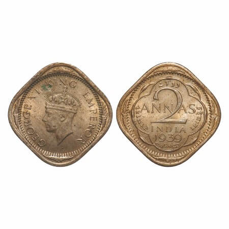 George VI, Copper-Nickel, 2 Annas, 1939, Bombay Mint, Dots by year, Head Type II. F. Prid 
