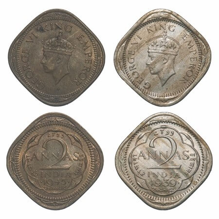George VI, Mix Metal, 2 Annas, (2 coins), 1) 1939, Copper-Nickel, Bombay Mint, Dots by yea