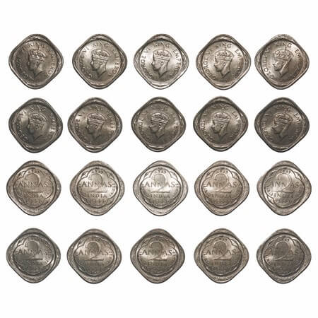 George VI, Copper-Nickel, 2 Annas, (lot of 10 coins), 1941, Bombay Mint, Dots by year, Hea