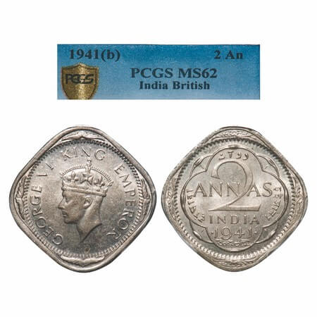 George VI, Copper-Nickel, 2 Annas, 1941, Bombay Mint, Dots by year, Head Type II, Tiny dec