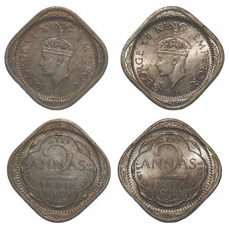 George VI, Copper-Nickel, 2 Annas, (2 coins), 1941, Calcutta Mint, Head Type II, No dots b