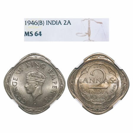 George VI, Copper-Nickel, 2 Annas, 1946, Bombay Mint, Dots by year, Head Type II. F. Prid 