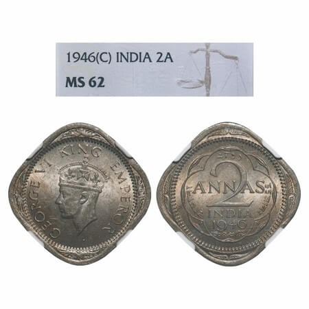 George VI, Copper-Nickel, 2 Annas, 1946, Calcutta Mint, Head Type II, No dots by year, Nor