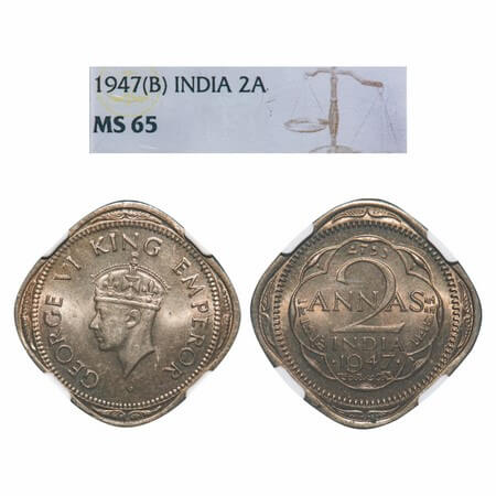 George VI, Copper-Nickel, 2 Annas, 1947, Bombay Mint, Dots by year, Large dots by year, He
