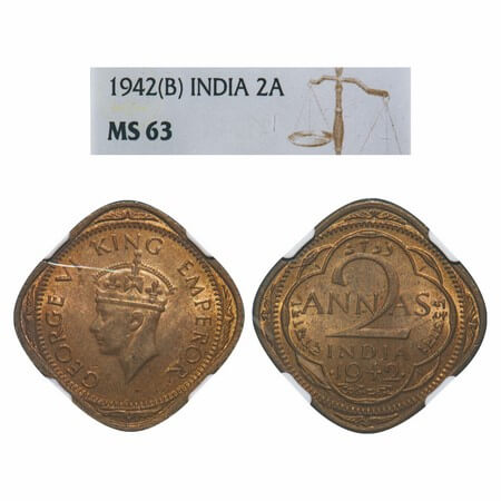 George VI, Nickel-Brass, 2 Annas, 1942, Bombay Mint, Dots by year, Head Type II, Small num