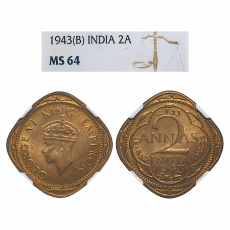 George VI, Nickel-Brass, 2 Annas, 1943, Bombay Mint, Dots by year, Head Type II, Normal an