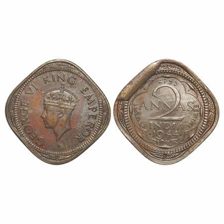 George VI, Nickel-Brass, 2 Annas, 1944, Bombay Mint, Dots by year, Head Type II, Small yea