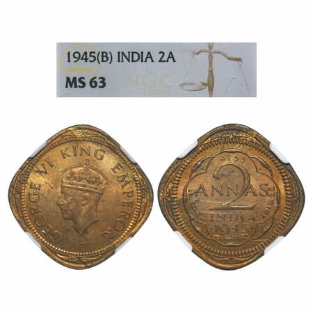 George VI, Nickel-Brass, 2 Annas, 1945, Bombay Mint, Dots by year, Head Type II, Tip of Cr