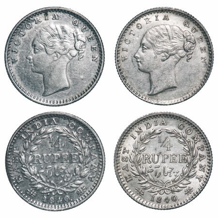Victoria Queen, Silver, 1/4 Rupee, (2 coins), 1840, CL, 1) Calcutta Mint, A/I, English Hea