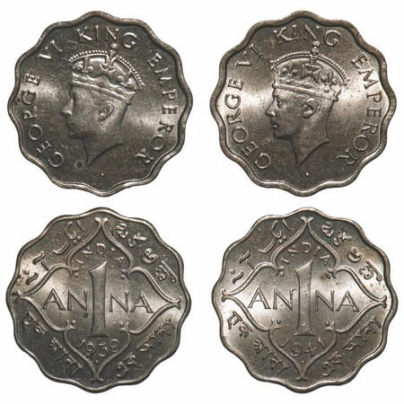 George VI, Copper-Nickel, 1 Anna, (2 coins), 1) 1939, Bombay Mint, Dot, Head Type I, 2) 19