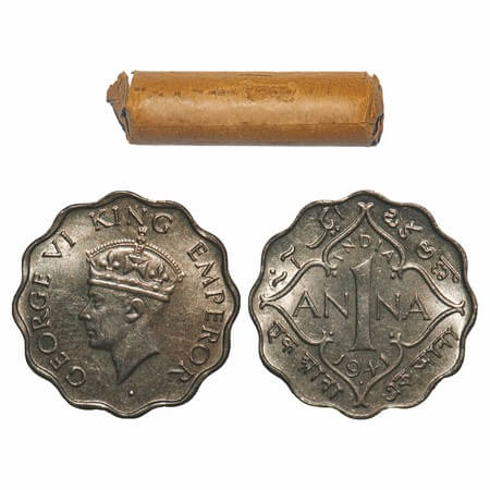 George VI, Copper-Nickel, 1 Anna, 1941, (Roll of 40 coins), Bombay Mint, Dot, Head Type II