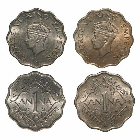 George VI, Copper-Nickel, 1 Anna, (2 coins), 1947, Bombay Mint, Dot, Head Type II, 1) Tip 