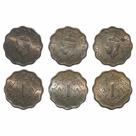 George VI, Copper-Nickel, 1 Anna, (3 coins), 1947, 1) Bombay Mint, Head Type II, Dot, Tip 