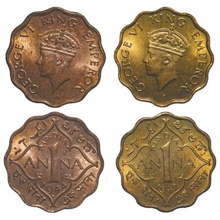 George VI, Nickel-Brass, 1 Anna, (2 coins), 1942, 1944, Bombay Mint, Dot, Head Type II, (B