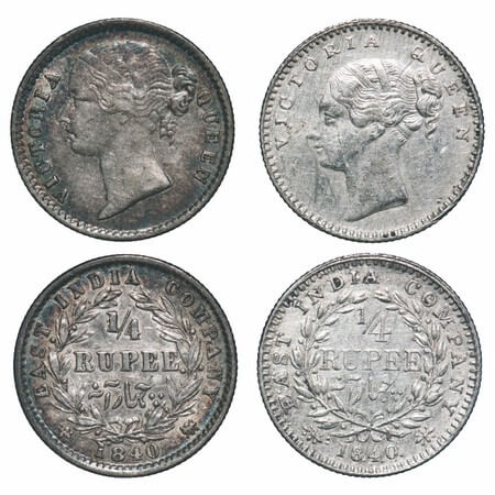 Victoria Queen, Silver, 1/4 Rupee, (2 coins), 1840, 1) CL, Calcutta Mint, A/I, English Hea