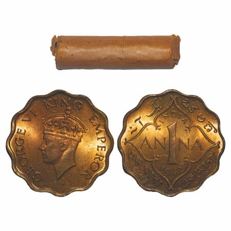 George VI, Nickel-Brass, 1 Anna, (Roll of 40 coins), 1942, Calcutta Mint, No dot, Head Typ